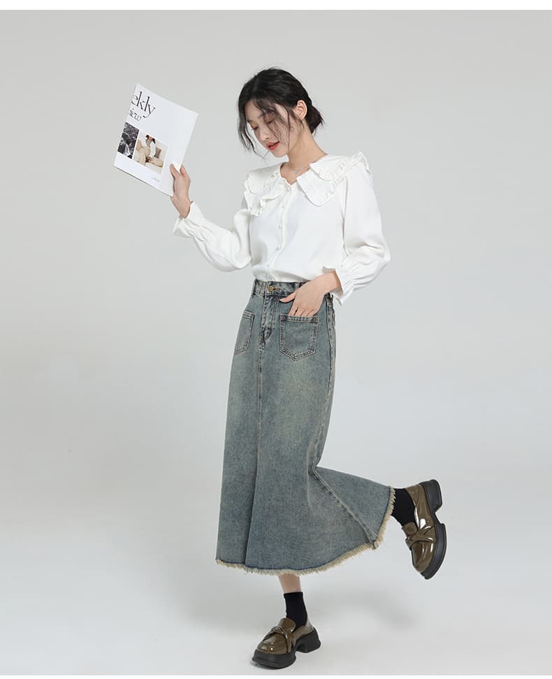 マーメイドスカート 裾フリンジ マーメイドデニムスカート