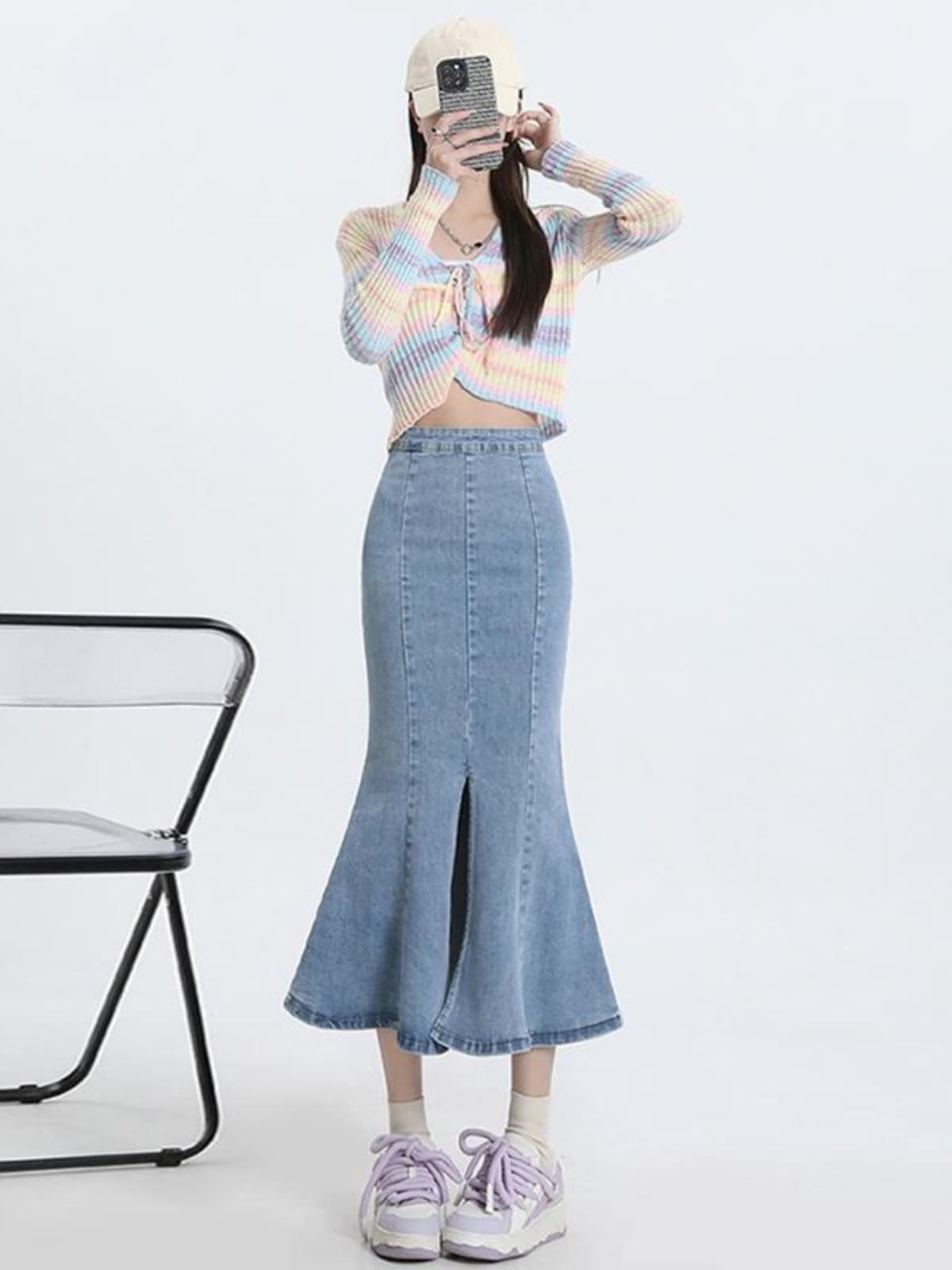 マーメイドスカート 優美なシルエット裾広がりデニムスカート
