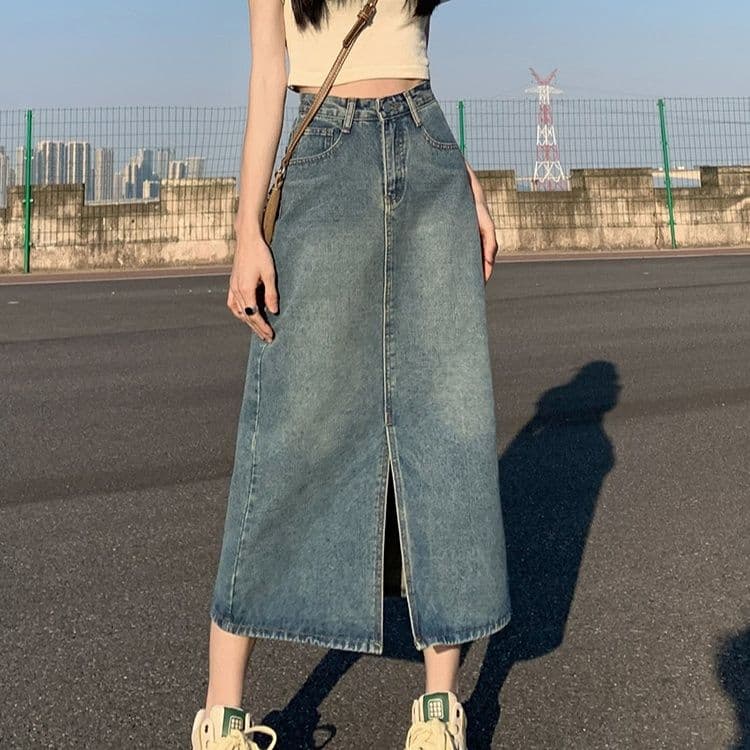 マーメイドスカート　マーメイドスカート フロントスリット入り デニムロングスカート