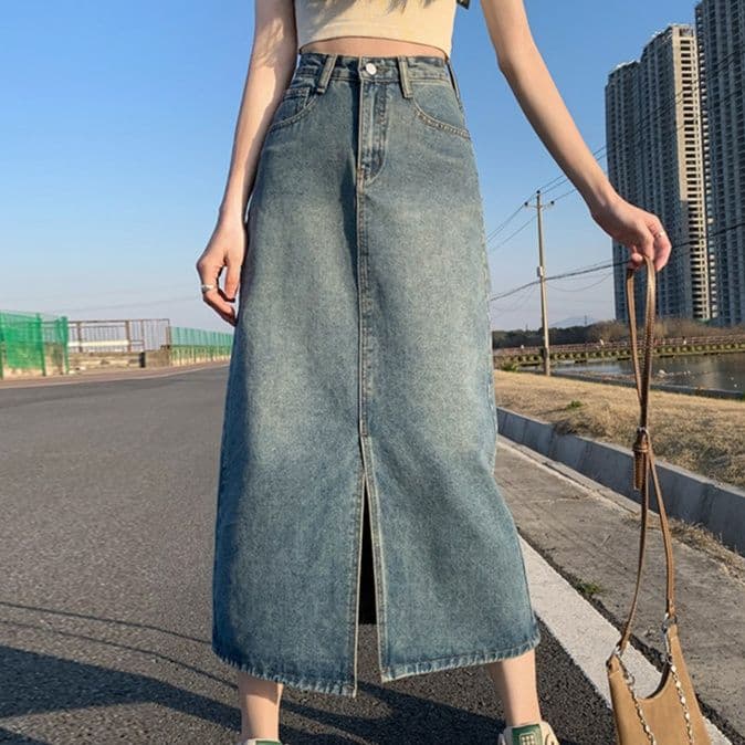 マーメイドスカート　マーメイドスカート フロントスリット入り デニムロングスカート