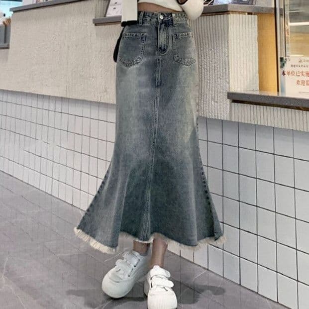 マーメイドスカート 裾広がりウォッシュ加工マーメイド