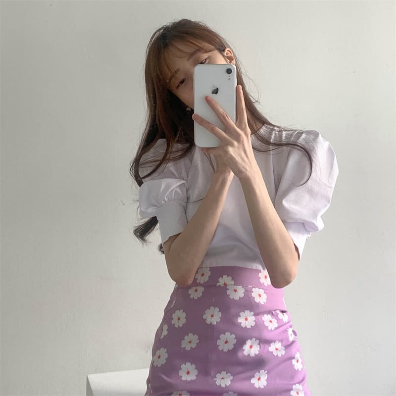 花柄マーメイドスカート パフスリーブ上下セット