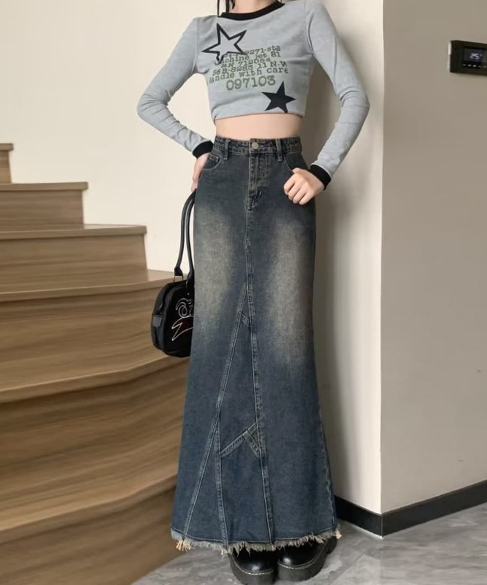 デニムマーメイドスカート ロング丈裾フリンジ加工