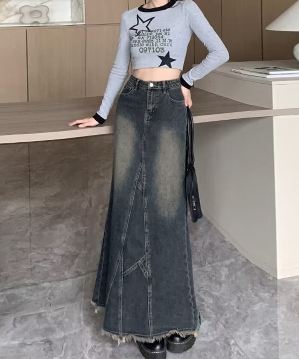 デニムマーメイドスカート ロング丈裾フリンジ加工