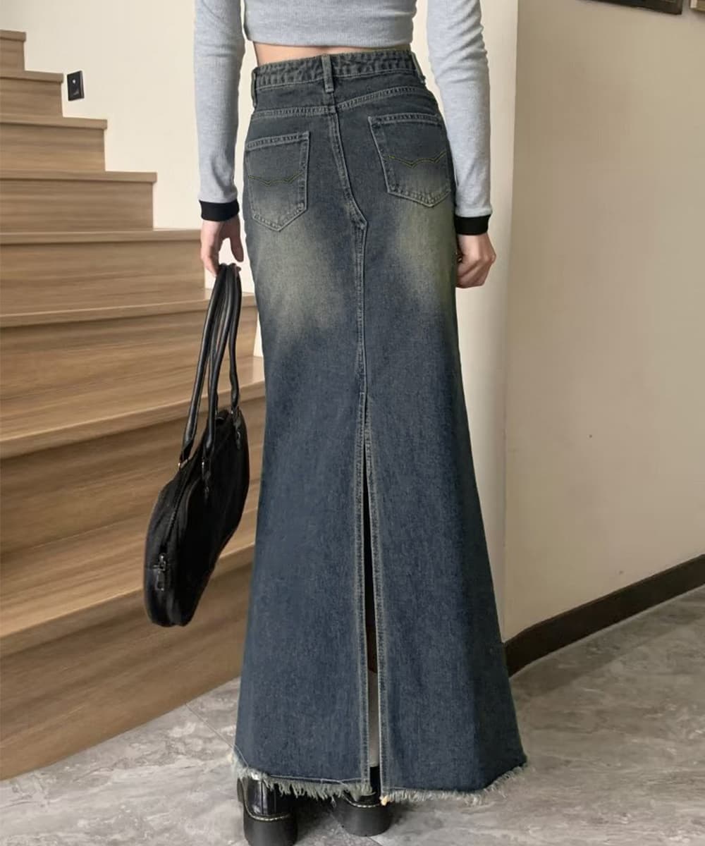 デニムマーメイドスカート ロング丈裾フリンジ加工