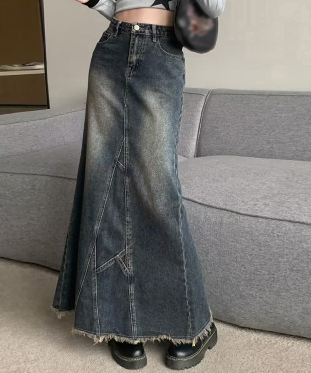 デニムマーメイドスカート ロング丈裾フリンジ加工