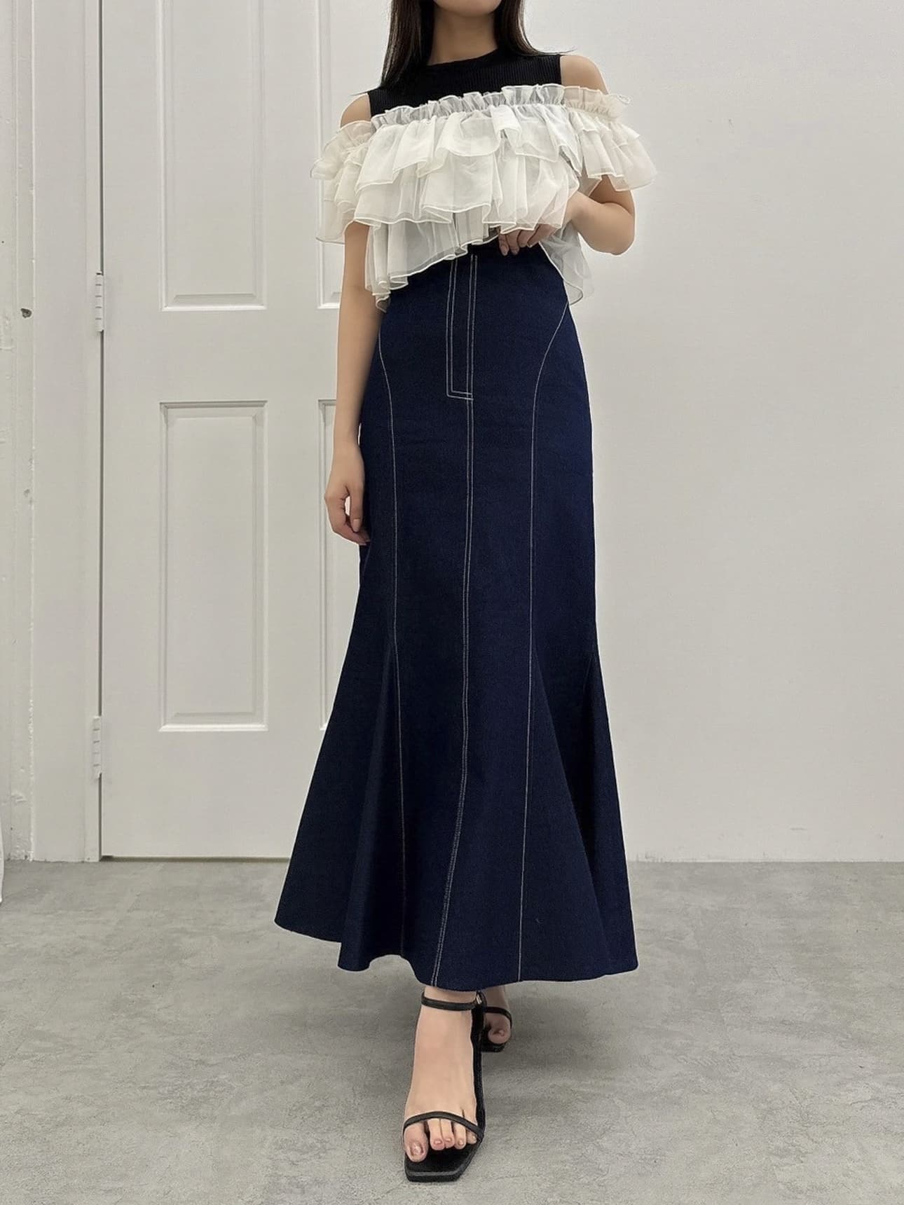 マーメイドスカート プリーツ襟付きマーメイドデニムワンピース