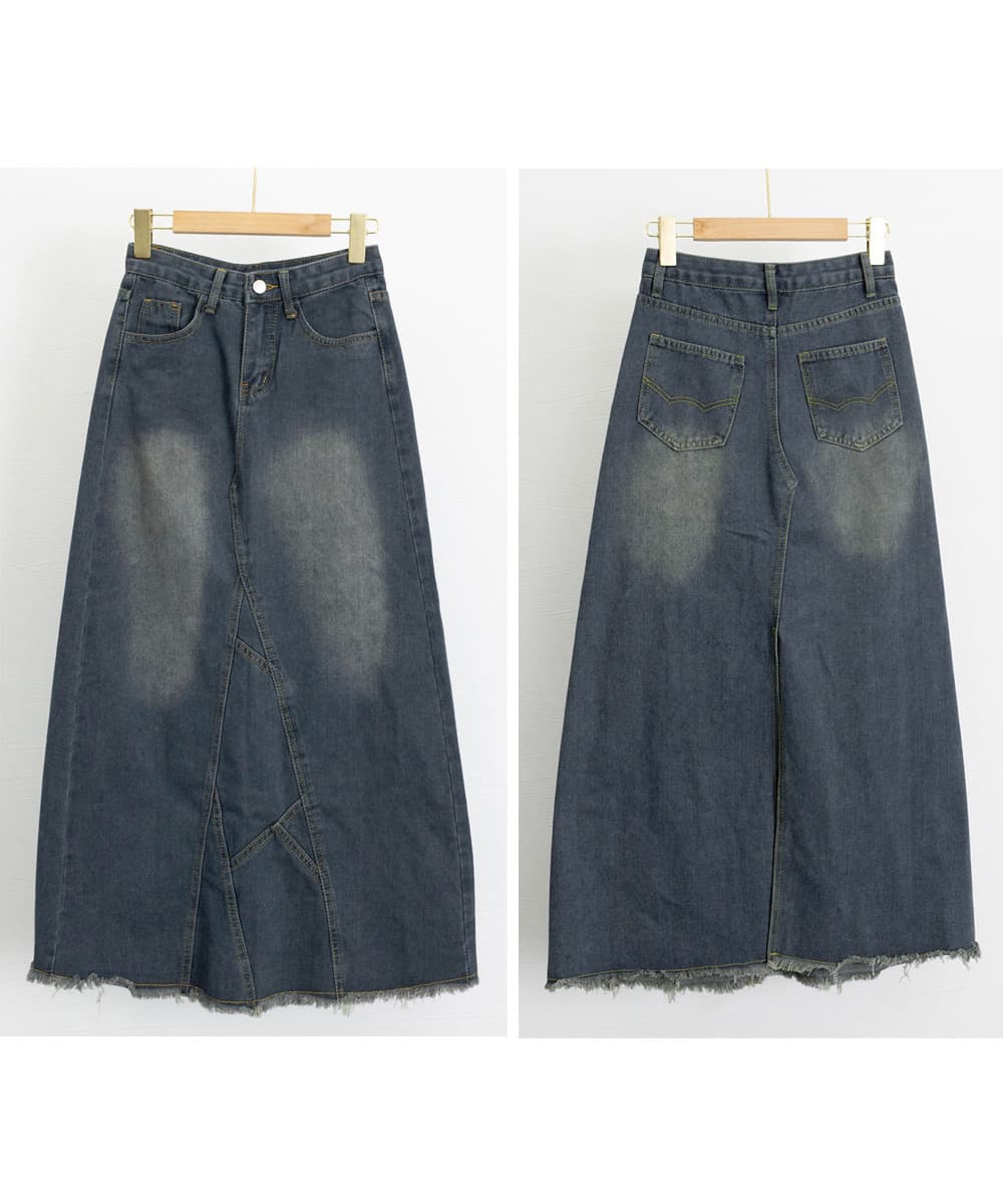 デニムマーメイドスカート ロング丈裾フリンジ加工