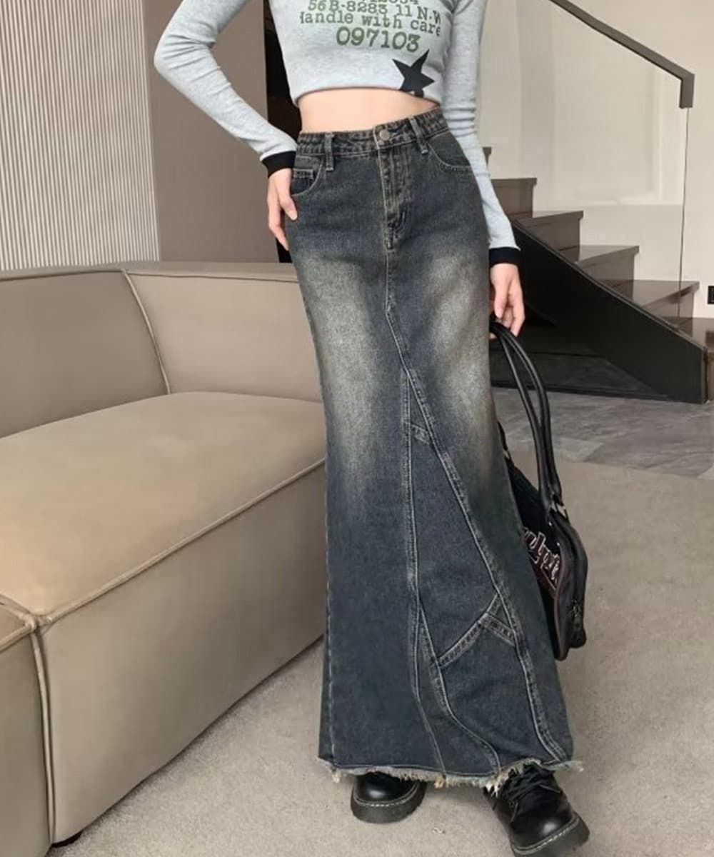 デニムマーメイドスカート ロング丈裾フリンジ加工