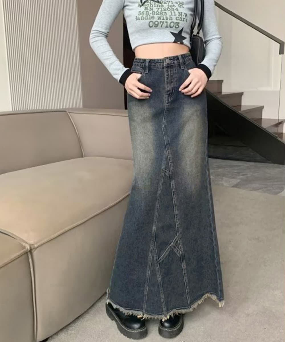 デニムマーメイドスカート ロング丈裾フリンジ加工