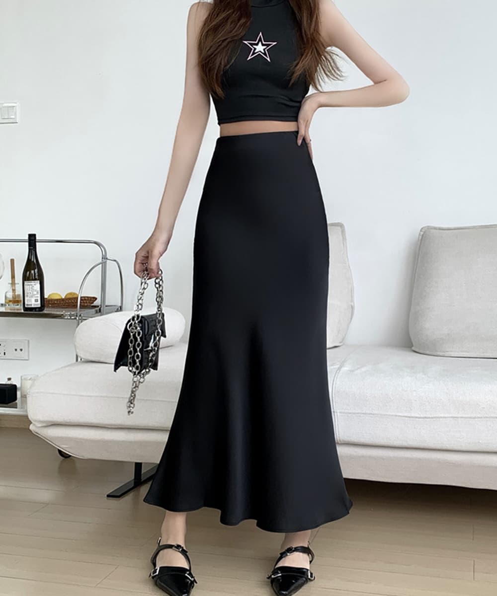 光沢サテンマーメイドスカート ハイウエスト