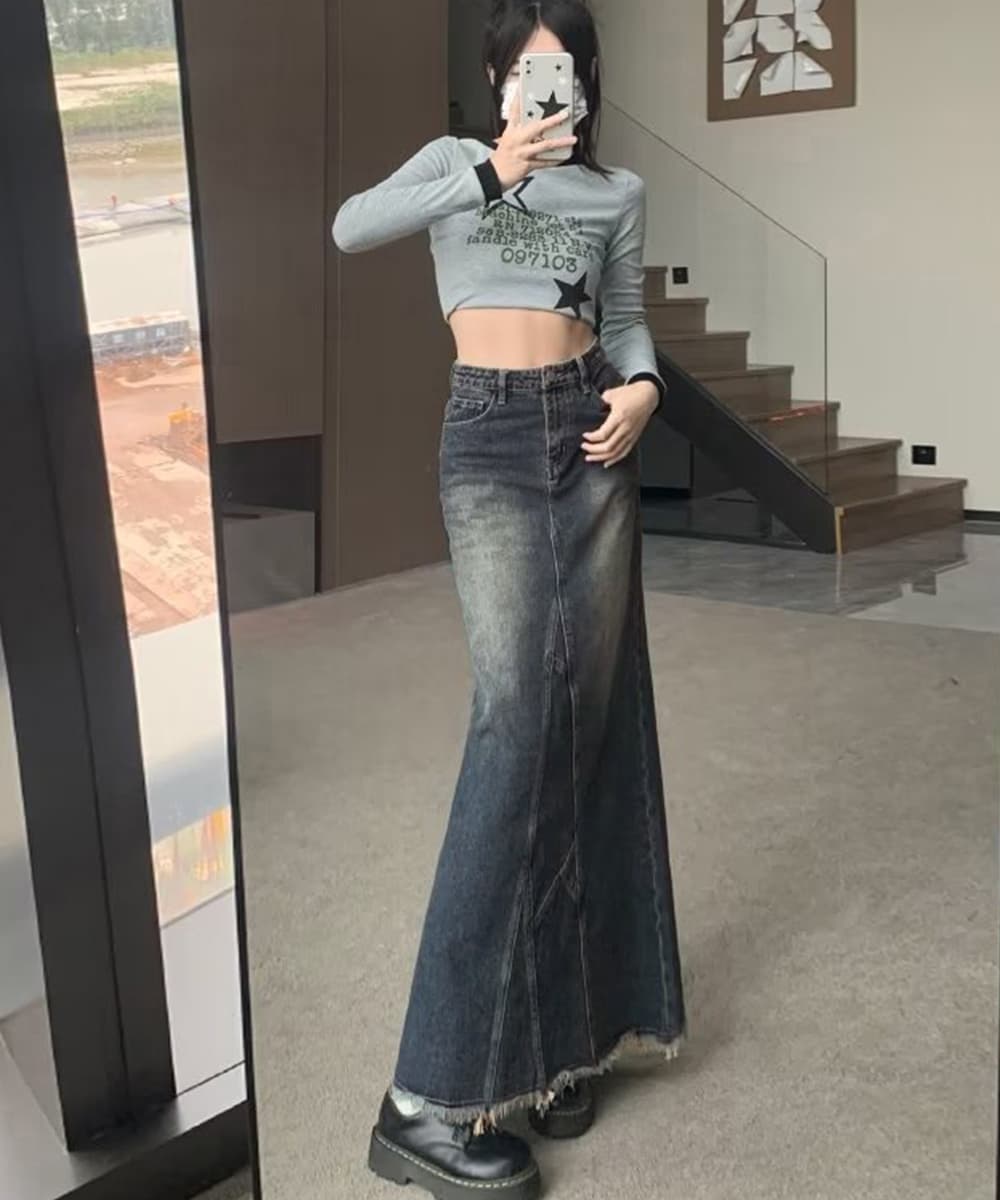 デニムマーメイドスカート ロング丈裾フリンジ加工