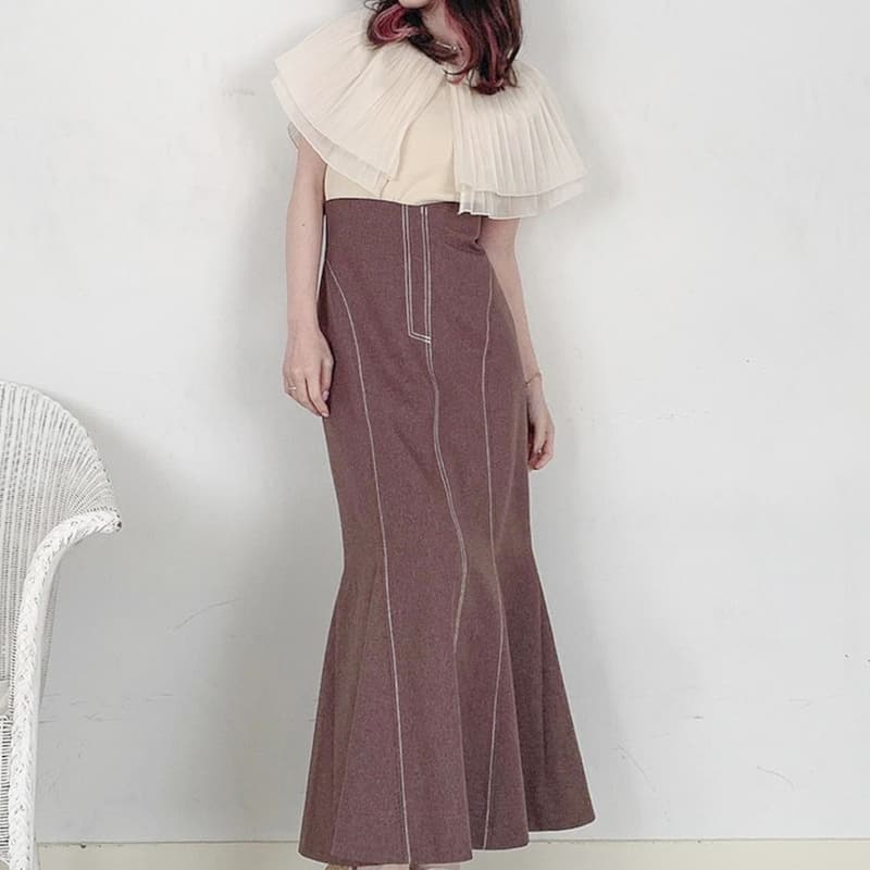 マーメイドスカート プリーツ襟付きマーメイドデニムワンピース