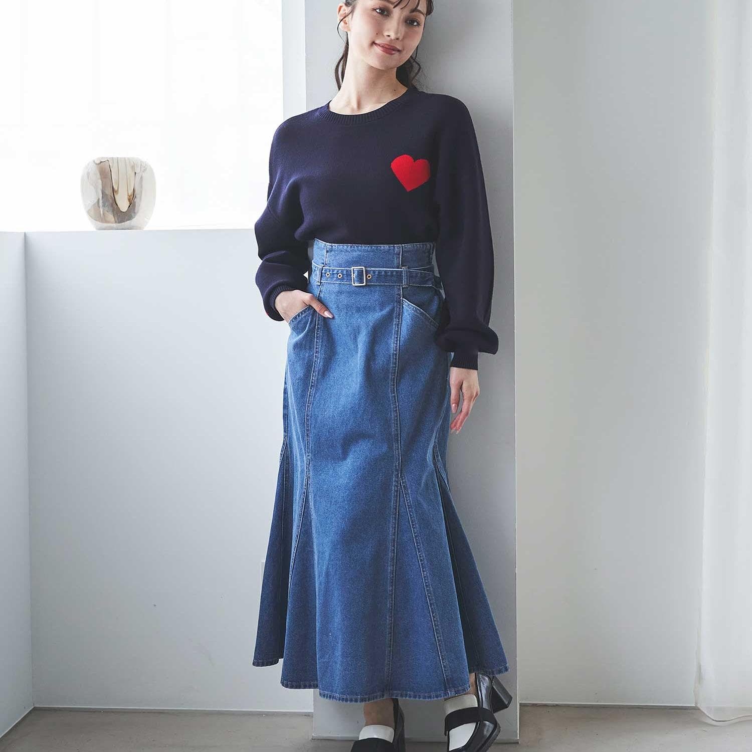 マーメイドスカート ベルト付きマーメイドデニムロングスカート